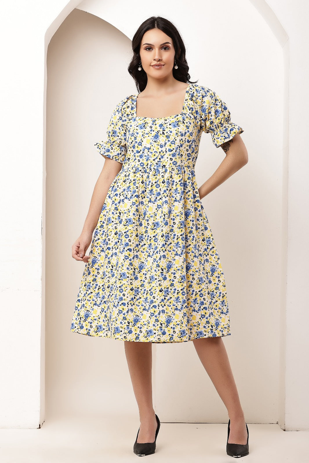 Thoughtful women gathered multicolor midi calf length dress