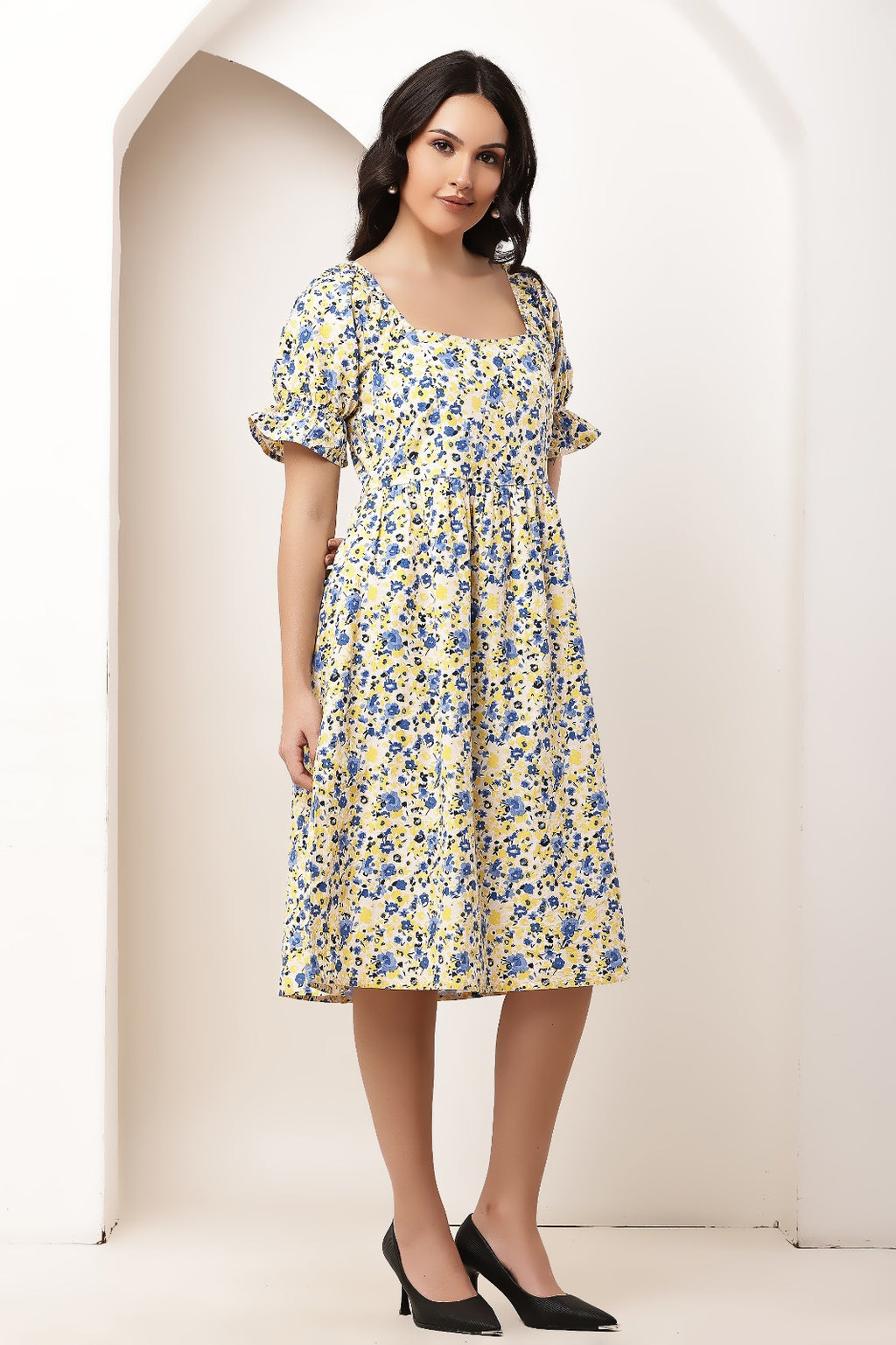 Thoughtful women gathered multicolor midi calf length dress