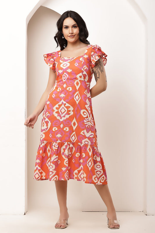 Thoughtful women fit and flare orange midi / calf length dress