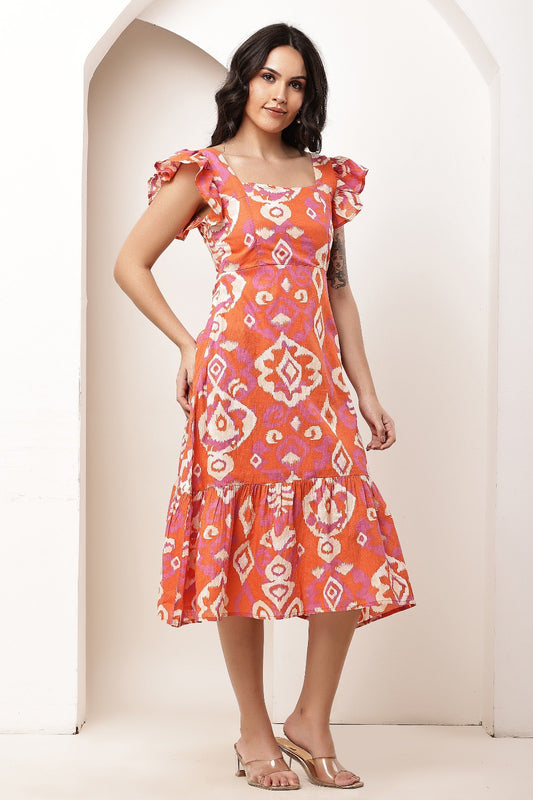 Thoughtful women fit and flare orange midi / calf length dress